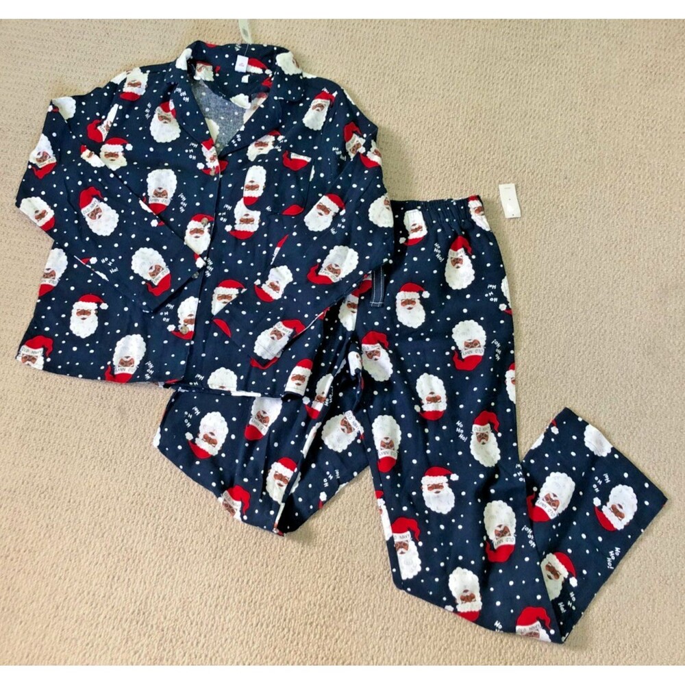 Old Navy Pajama Set Womens Medium Black Santas Flannel Christmas 2 Piece NEW